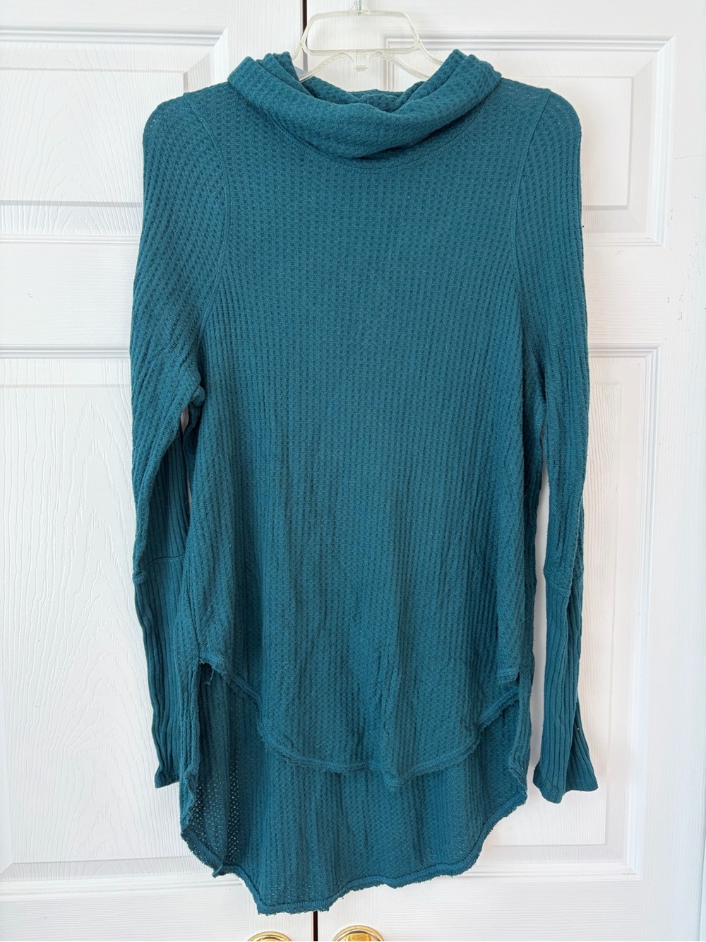 Free People We The Free Blue Cowl Neck Waffle Knit Tunic Blouse Shirt Size M